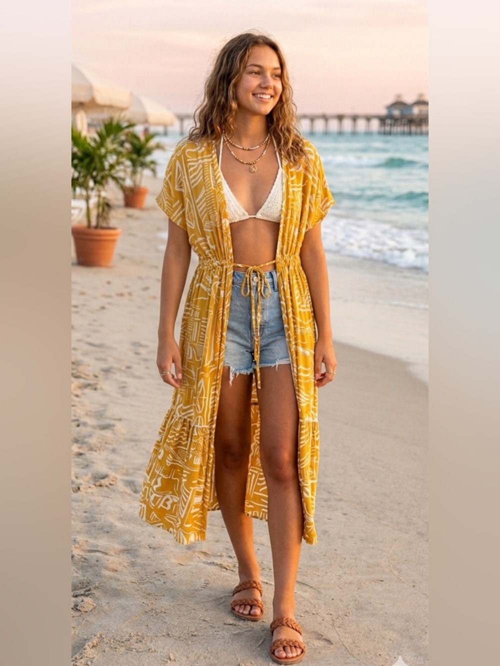 blue island Yellow Printed Beach Coverup Kimono